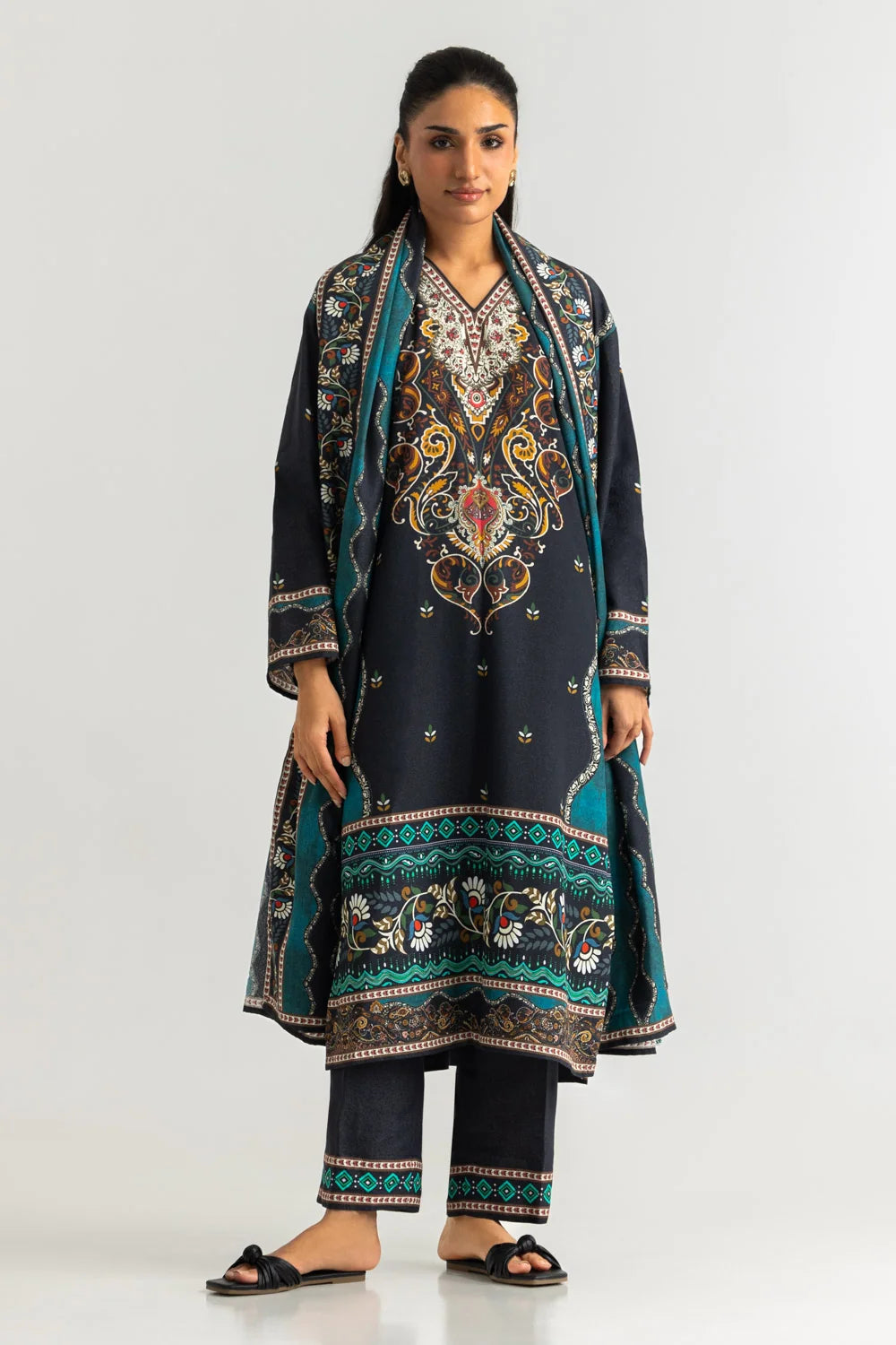 3PC Karandi Printed Suit With Embroidered