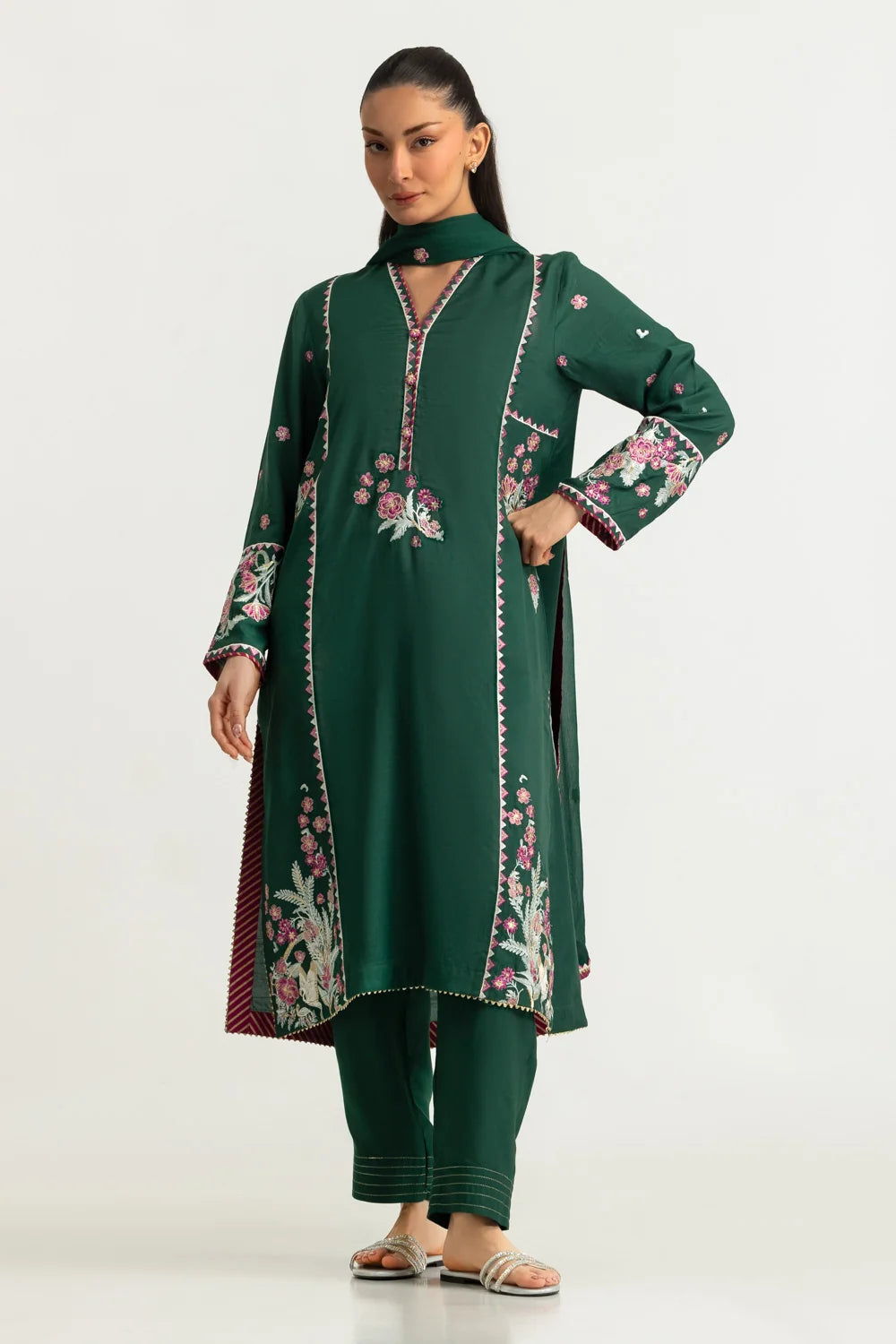 3PC Viscose Rawsilk Embroidered Suit