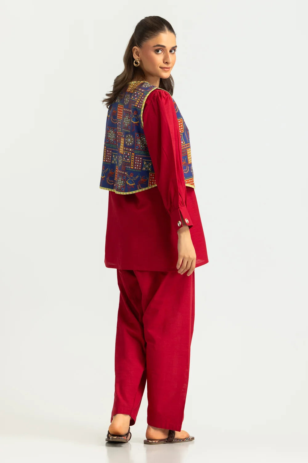 Khaddar Slub Dyed Co-Ord Set With Printed Waistcoat