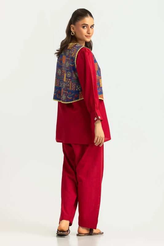 Khaddar Slub Dyed Co-Ord Set With Printed Waistcoat